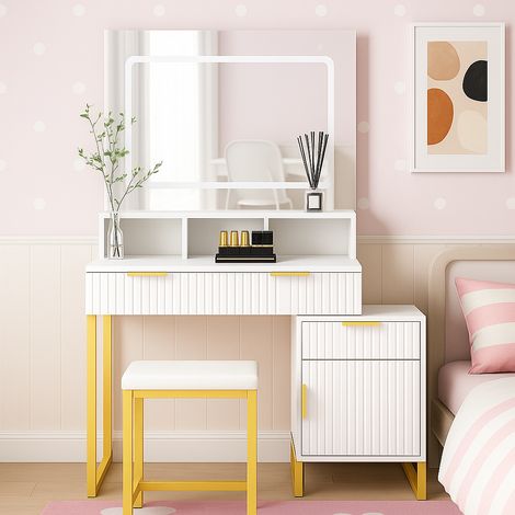 Dressing Table Set with LED Mirror, Storage Cabinet and Stool - White and Gold for Bedroom (1/5)