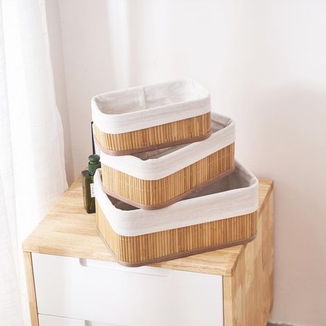 Lot de 3 paniers de rangement en bambou avec doublure en tissu naturel pour armoires et étagères, salle de bain