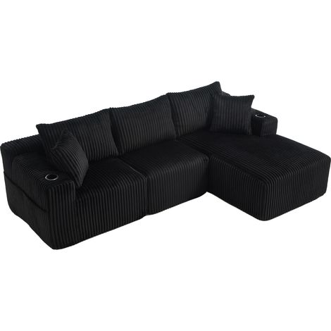 CHICFURN Divano modulare con chaise longue 257x160x62 cm in tessuto a coste nero, 5 cuscini (1/5)