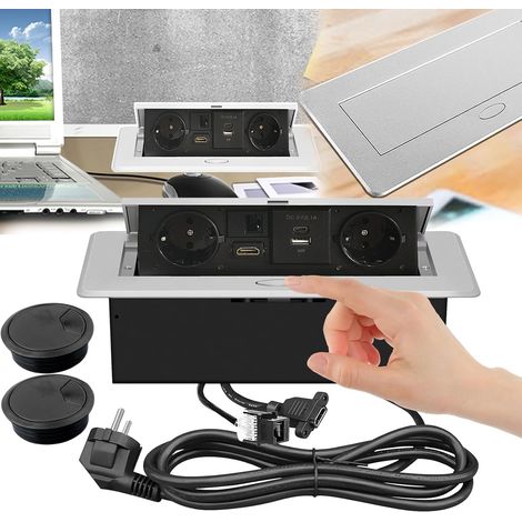 Prise de table, encastrable, prise de table avec USB 2 EU LAN, HDMI et USB type Max 20 W, charge intelligente, prise USB avec 2 cache-trous pour bureau, cuisine (1/5)