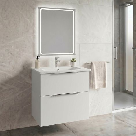 Meuble de salle de bain CIRASA 60cm avec vasque et miroir LED, 2 tiroirs, blanc brillant (1/4)