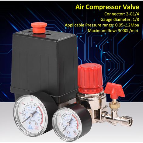 Petit pressostat de compresseur d'air avec vanne de régulation et manomètres (1/5)