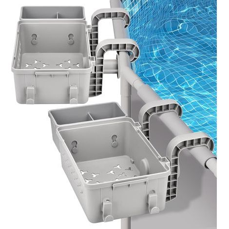 Lot de 2 paniers de rangement gris en plastique recyclé pour piscines hors sol, avec porte-gobelet et crochet. Panier latéral pour accessoires de piscine. (1/5)