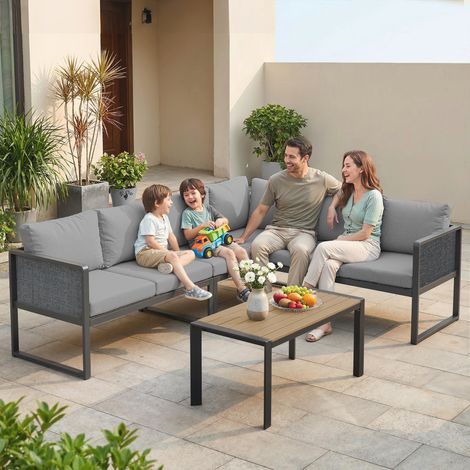 Salon de jardin extérieur d'angle modulable 6 personnes table basse et coussins gris foncé canapés style élégant