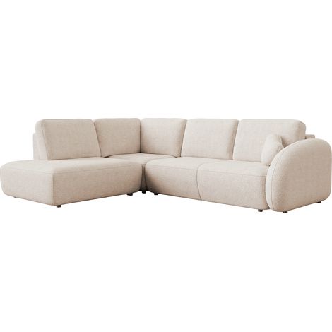 Mobilier Deco – Canapé d'angle convertible en tissu bouclette beige – 5 places – Coffre de rangement – Méridienne intégrée – Design moderne (1/4)