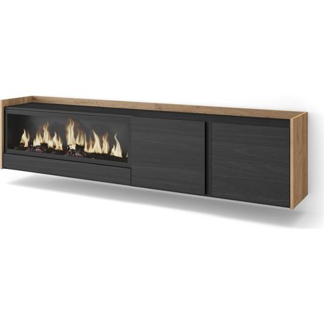 Skraut Home - Mueble TV, Televisión, Muebles de salón, almacenaje, 212x35x50cm, Para TV hasta 80", Chimenea eléctrica XXL, Colgado, Suspendido, Estilo Moderno, Negro y roble (1/5)