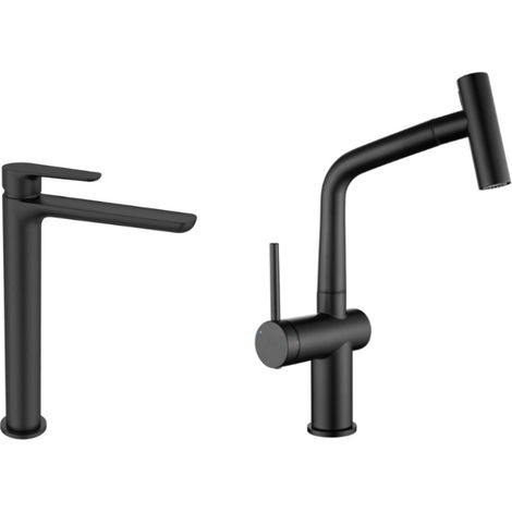 Set grifo de lavabo XL + grifo de cocina Ceramia Timeless de acero inoxidable con ducha extraíble, negro mate