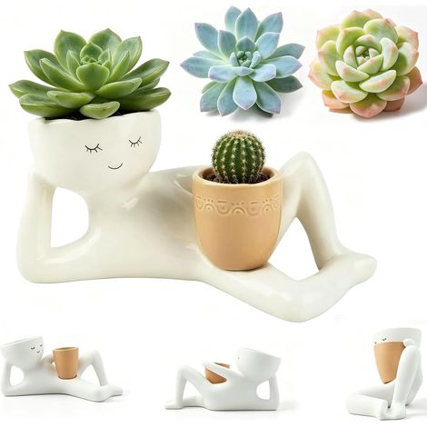 Pot de Fleurs Résine Homme Allongé - 1 Pièce - Design Ludique Jaune - Trou de Drainage Intégré - Pour Suculentes et Cactus - 25x13x12 cm (1/5)