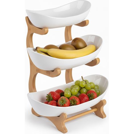 Relaxdays Alzata per frutta in bambù, 3 livelli, HLP: 34x25x10 cm, alzata con ciotole, frutta e verdura, naturale/bianco