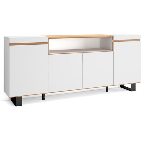 Skraut Home - Credenza, Mobile, Cucina, Madia, mobile ingresso, 200x35x87cm, 4 Porte, Design industriale, Stile moderno, Bianco e Rovere soft (1/5)