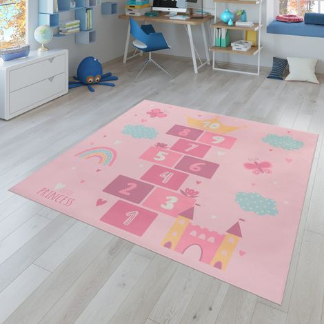 Tapis enfant antidérapant, motif cœur, nuage et papillon 200 cm x 200 cm x 4 mm, Rose, Quadrat