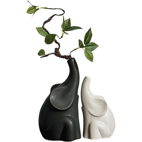 【Elefanten-Ornamentvase】Schwarzer und weißer Elefant aus Kunstharz mit verwelktem Ast und zarter Knospe, Dekoration für Zuhause, Eingangsbereich, Wohnzimmer, Büro, modernes Geschenk (1/5)