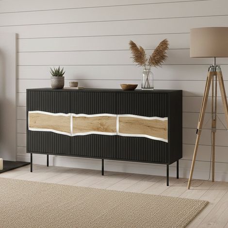 Credenza Saliceto, Madia da salotto con tre ante battenti e vani interni, Rialzata da terra, 144x40 h80 cm, Nero e Rovere Nodi (1/5)