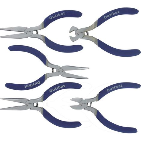 Lot de 5 mini pinces – Acier chrome vanadium – Longueur 112 mm – Coffret avec pince coupante et bec plat – Outibat