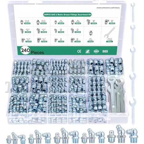 Assortiment de raccords de graisse, 240PCS SAE et raccords de graisse métrique Zerk NPT 1/4 "1/8" M6 M8 M10, mamelon de graisse droit 45 90 degrés avec kit de clé (7-11mm) pour pistolet de graisse (1/5)