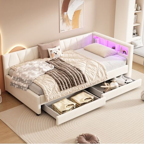 Cama Individual 90x200 Cm Estructura Mdf Y Cajones Tela Beige (1/5)