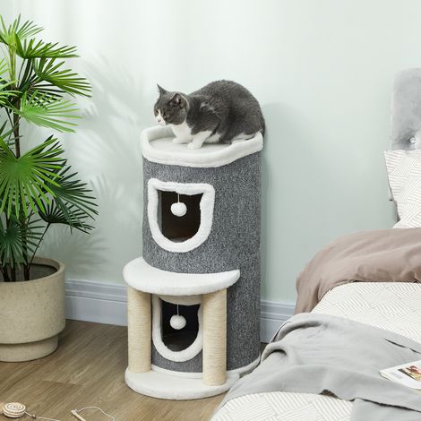 Albero Tiragraffi per Gatti Alto 76 cm con Casette, Lettino, Palline e Pali in Sisal, Grigio (1/5)