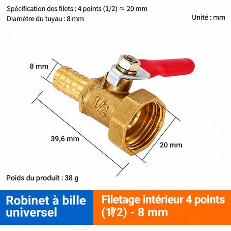 Vanne à boisseau sphérique en laiton 1/2 femelle et raccord tube poignée rouge 8-04 1.0 1 2 46 g – Livraison gratuite
