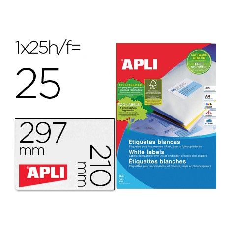 Etiqueta adhesiva apli 1215 tamaño 210x297 mm para fotocopiadora laser ink-jet caja con 25 hojas con 25
