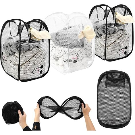 3 Pièces Panier à linge, Pop Up Panier Linge Sale, Panier à Linge Vertical Pliable, Panier à Linge Pliable Avec Poignées et Poche Latérale, Panier à Mailles avec Poignées pour Chambre, Voyage (1/5)