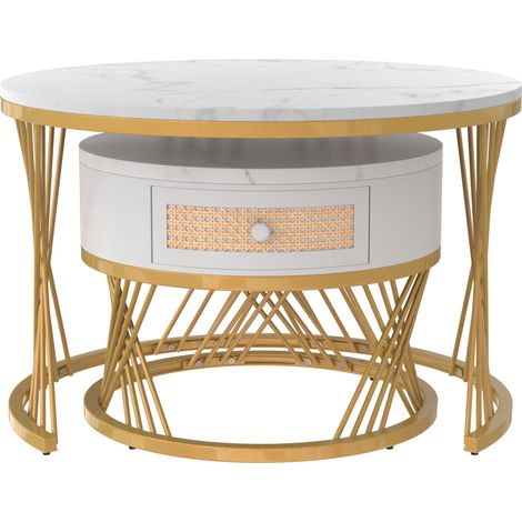 Set de 2 mesas redondas de salón en MDF blanco efecto mármol con cajón, dorado (1/5)