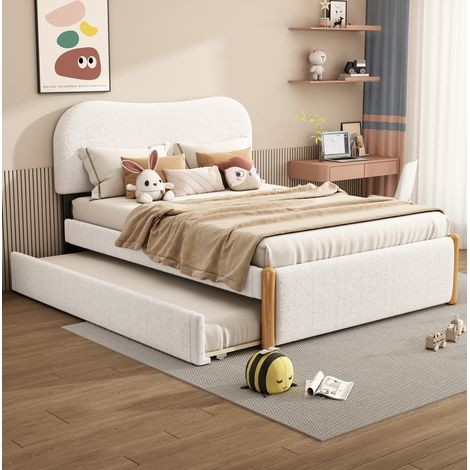 Bett 140x200 cm weiß aus Plüsch und MDF mit ausziehbarem Rollbett (1/5)
