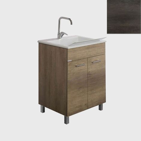 Mobile Lavatoio Vasca Zeus in MineralMarmo Apertura a 2 Ante 77,5x48x84 cm Olmo Scuro (1/5)