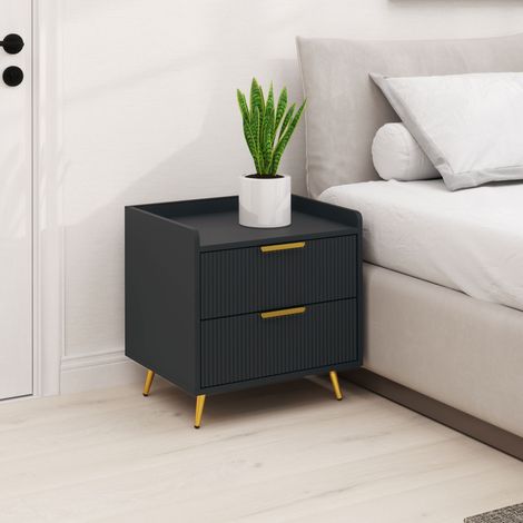 Table de chevet noire, table de nuit en bois avec 2 tiroirs cannelés, piètement métal laiton, 50 x 40 x 50 cm, meuble chambre moderne (1/5)
