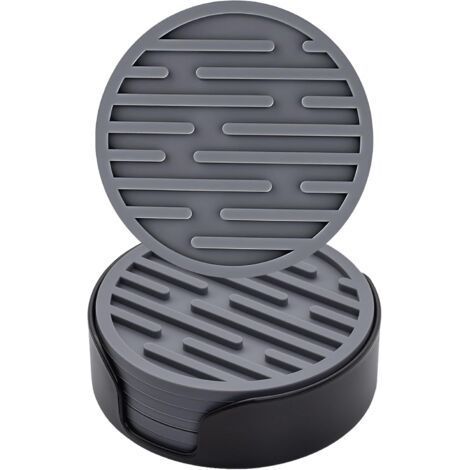 Coasters Set of 6, Round Non-Slip Silicone Coasters with Holder for Cups, Table, Coffee, Bar, Drinks, Coasters (Grey) (1/5)