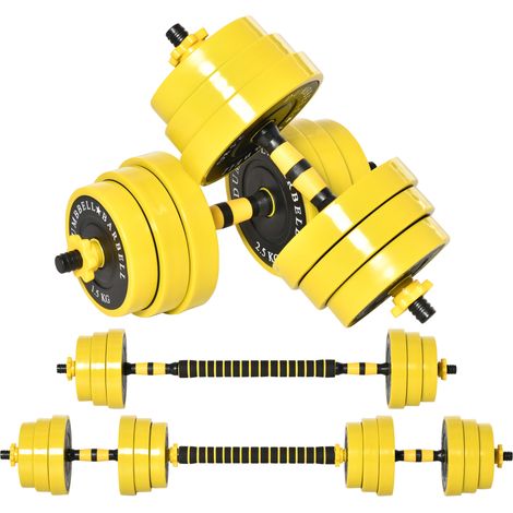 25 kg Hantel & Langhantel,Einstellbare ergonomische 3-in-1 Hantelset,12 × Platten,2 × Kurze Stöcke,1 × Langer Stock,Gelb+Schwarz