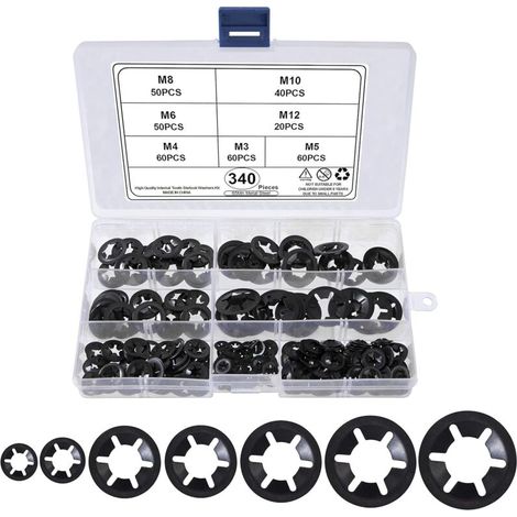 Rondelles de Blocage Universel Rondelle de Verrouillage M3 M4 M5 M6 M8 M10 M12 Rondelle Rapide Pousser Fixations Assortment Kit avec Boîte Noir 340 Pièces (1/5)