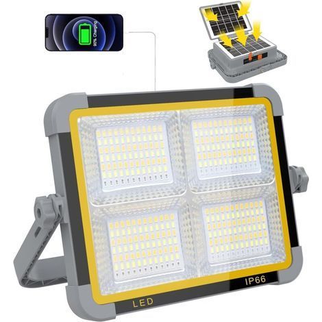 Projecteur LED Rechargeable 150W. Projecteur LED Chantier Portable avec Double Panneau Solaire. Lampe de Travail 9000mAh/336 perles LED/4 Modes/IP66. Projecteur de Chantier pour Garage. Camping (1/5)