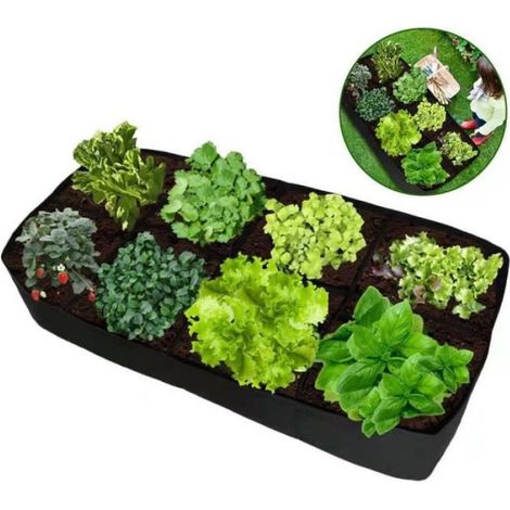 Jardinière En Feutre - 8 Compartiments - Pour Légumes Et Fleurs - 180 x 90 x 30 cm - Vert Et Noir