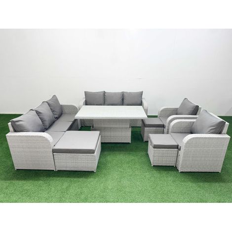 Fimous PE Rattan High Back Lounge Sofa Set Patio Adjustable Lifting Dining or Coffee Table & Chairs Set with 3 Seater Sofa Reclining Chair 3 Stools Light Grey (1/5)