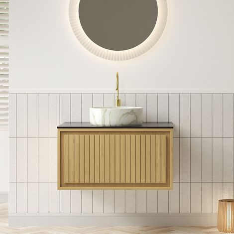 Meuble vasque suspendu avec plan en pierre sintrée et vasque à poser céramique effet marbre, tiroir soft‑close, chêne doré / noir / blanc pierre (1/5)