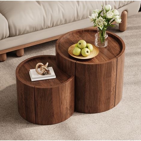 Table basse ronde avec rangement, tiroirs intégrés et portes incurvées, en PB, coloris noyer (1/5)