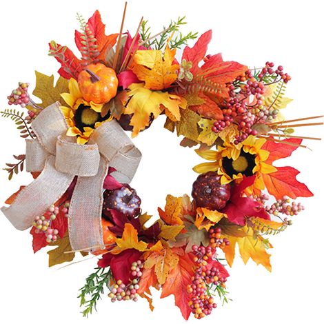 Couronne Artificielle - Tournesols Faux - Décoration Porte Automne - 55 cm - Avec Nœud en Toile de Jute (1/5)