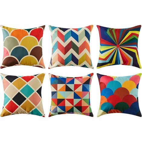 Housse Coussin 45x45 cm Canape Salon de Jardin Extérieur Décoration Scandinave 6 Pièces Coton Lin Lot de Taie d'Oreiller Carré Chambre Enfant Chaise Tonnelle Design Imprimé Geometrique Coloré