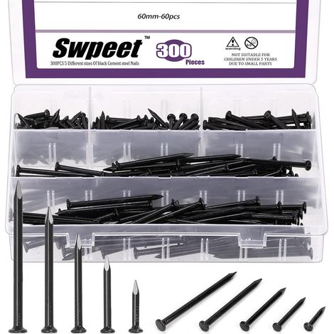 Kit d'assortiment de 300 clous en 5 tailles 3/4" 1-1/4" 1-3/5" 2" 2-3/8" en acier, clous noirs pour matériel, clous galvanisés, petits clous, clous de finition, clous pour murs, clous pour bois (1/5)