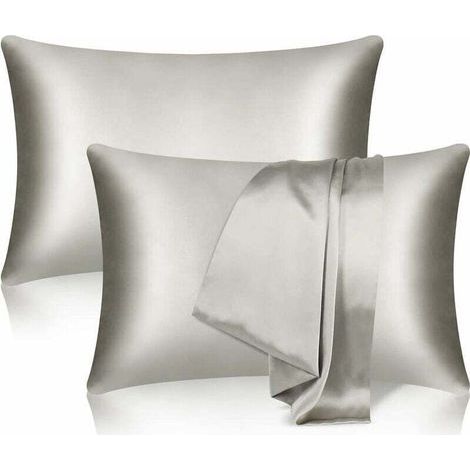 Lot de 2 Taies d'oreiller en Soie de Mûrier 100% Pure pour Cheveux et Peau, Double Face, Douce et Lisse avec Fermeture Éclair Dissimulée (Standard, 51 x 76 cm, Gris) (1/5)