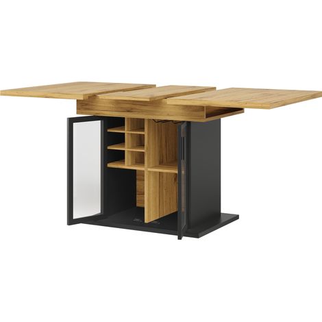Table Ă manger extensible avec rangement Ă vin, plateau MDF marron 110-140x80 cm, pliable pour 4-6 personnes (1/5)