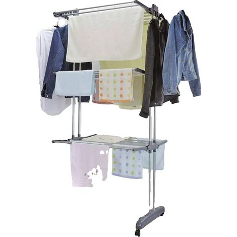 Tendedero de ropa de acero inoxidable, 3 niveles, 18 metros de espacio de secado, 2 alas laterales, diseño plegable. (1/5)