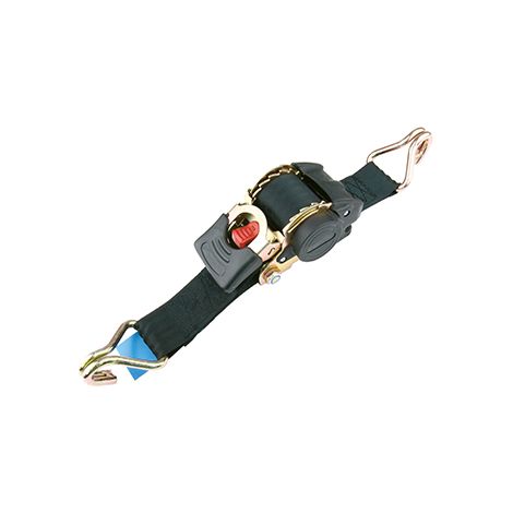 Cinghia a cricchetto per fissaggio. Con riavvolgimento automatico. 3 m x 52 mm. Gancio a J. Capacità 500 kg.