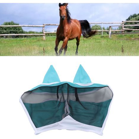 Masque Anti-Mouches Respirant Confortable pour Cheval avec Oreilles Bleu - Protection Fine Maille Douce (1/5)