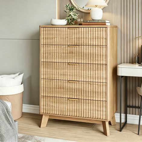 Chiffonnier 5 tiroirs, commode chambre, poignées dorées et pieds en bois massif, meuble de rangement, système anti-basculement pour salon, entrée, chambre (1/5)