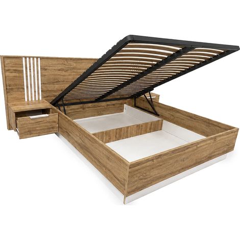 Lit coffre avec chevets 160 x 200 cm – Avec LEDs – Coloris : Naturel et blanc - NELTORA (1/5)