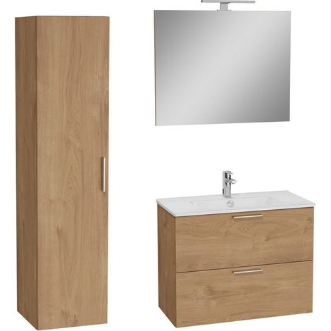 Vitra Set Mia ensemble meuble 79x61x39,5 cm avec miroir, lavabo et éclairage LED + armoire 145x35x35 cm, Chêne (1/5)
