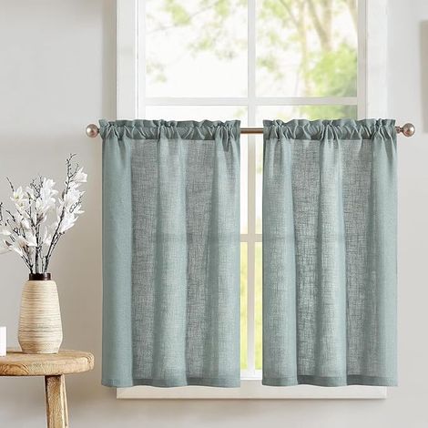 Rideau Cuisine Court Fenetre Chambre Vert Olive L 65 x H 60 cm, Rideau sous Evier Semi Transparent en Effet Lin, Brise-Bise d'Interieur pour Placard Salon Panneaux (1/2)