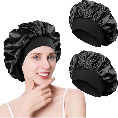 Gorro de seda satinada de 2 piezas para el cabello, para usar por la noche, para mujer (Negro+Negro) (1/5)