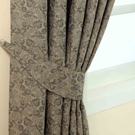 HOMESCAPES Grey Vintage Floral Jacquard Curtain Tie Back Pair
